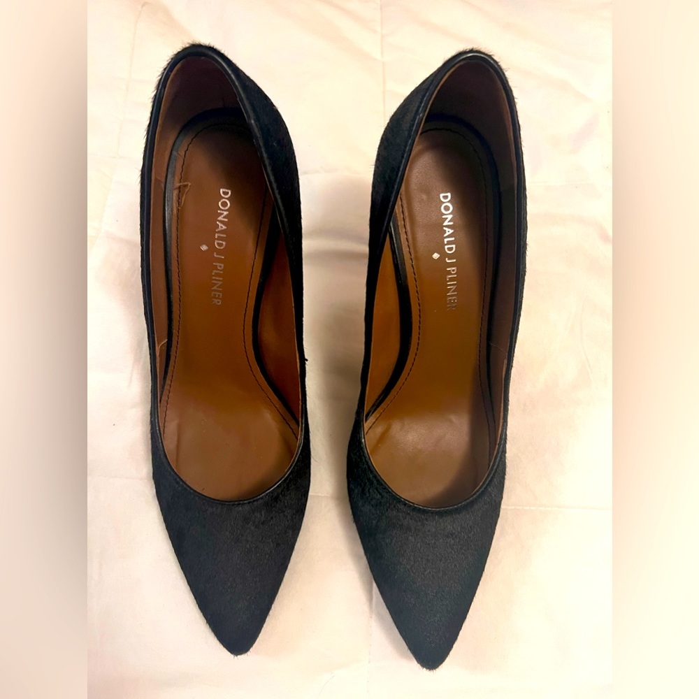 Donald Pliner Black Faux Fur heels with shiny silver stiletto heel